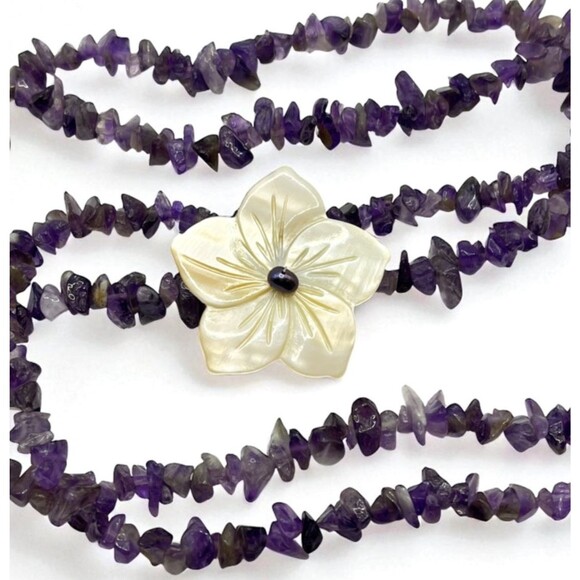 Shell Flower Necklace Purple Amethyst Nugget Carved Mother of Pearl Cruise 20" - Picture 5 of 10